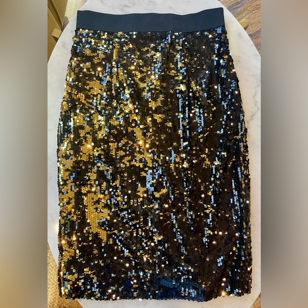Milly Sequin Midi Skirt, stretch w/ waist band, zip, EUC, black/gold, sz8 - Picture 7 of 11